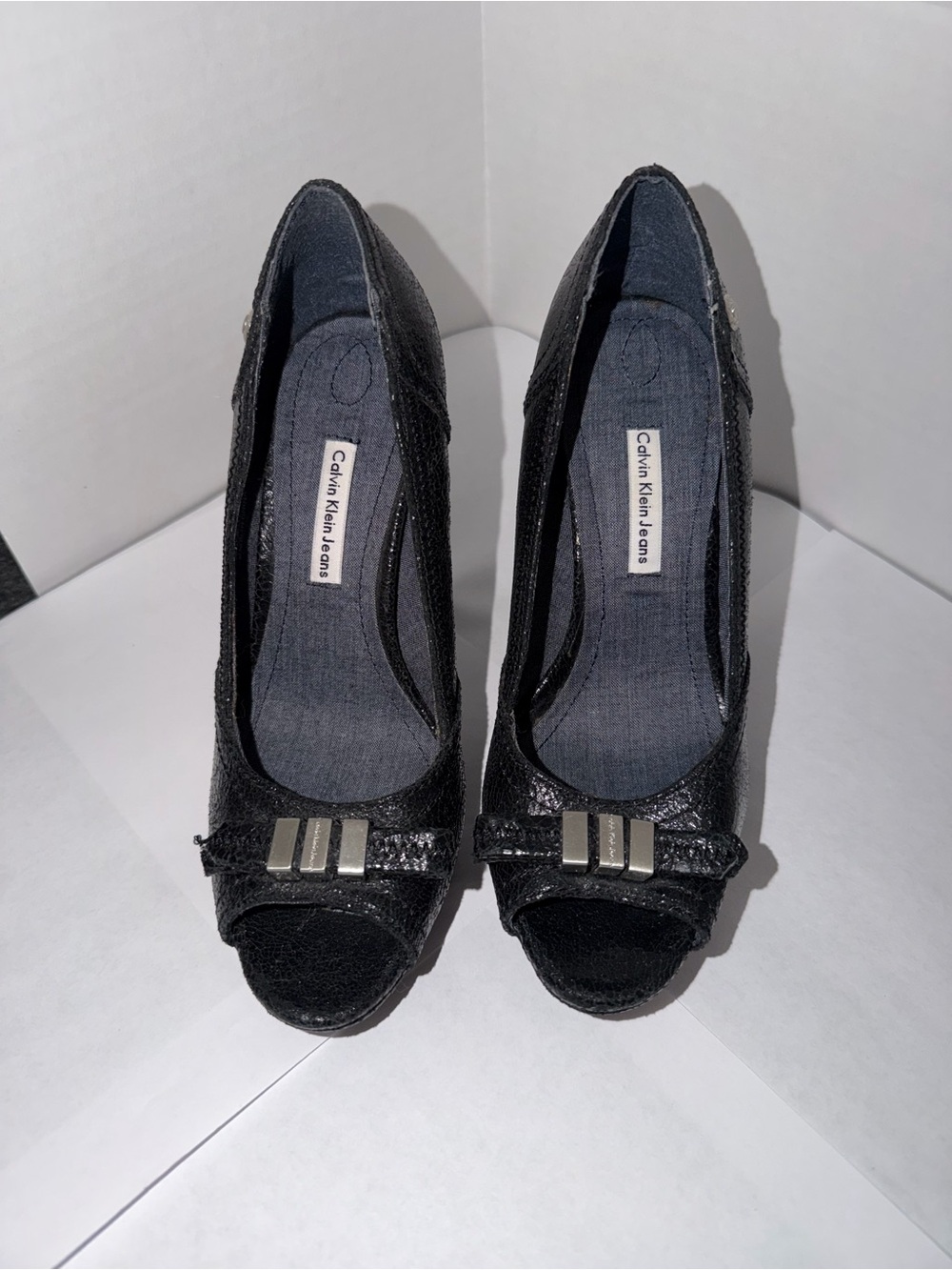 Calvin Klein Jeans Navy Blue Peep-Toe Heels with Metallic Accent